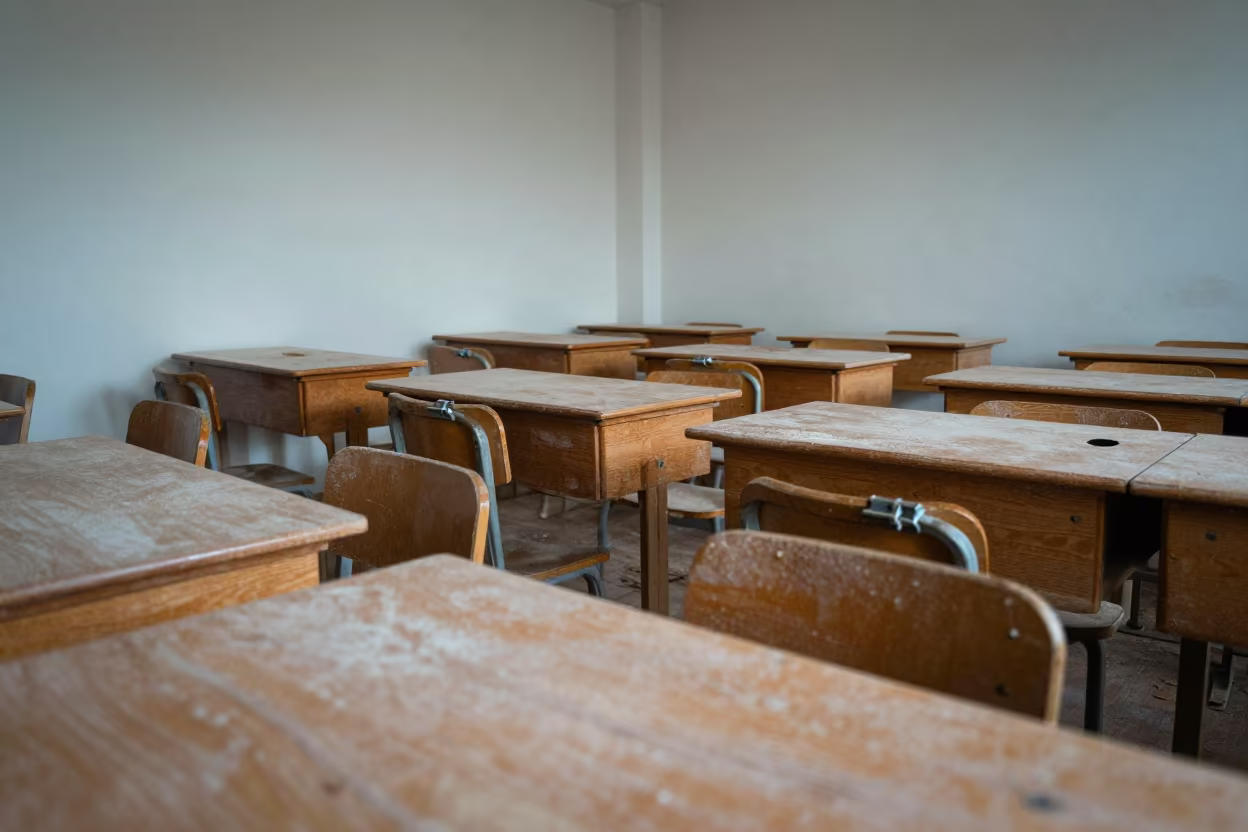Dusty Desks in Durán Woodshop Classroom in in a woodshop classroom in Durán