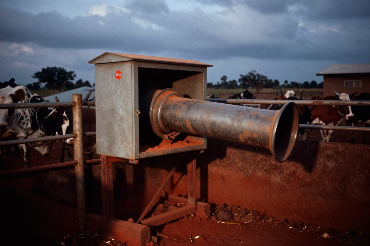 Dusty Feed Auger Control Box in Burkina Faso Corral in inside a ranch corral in Burkina Faso