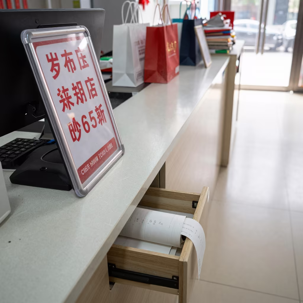 Dusty Gift Receipt Roll at Zhengzhou Cash Wrap in at a cash wrap counter with bags stacked nearby near Zhengzhou