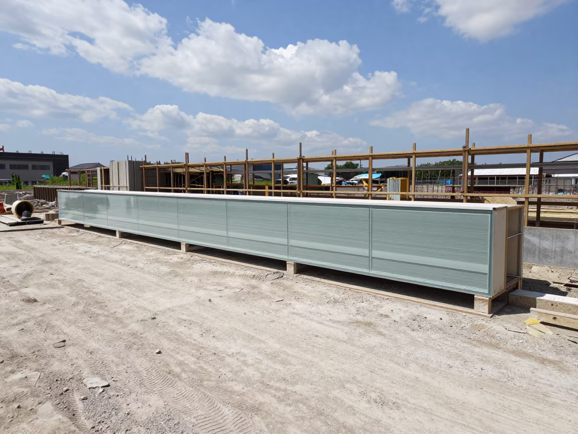 Dusty Glazing Block Drawer Fukuoka Construction Site in beside a framed building shell in Fukuoka