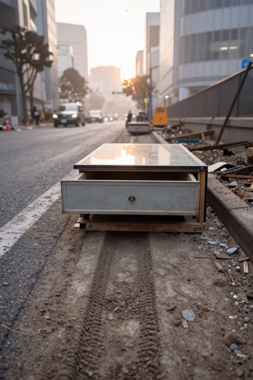 Dusty Glazing Block Drawer on Muddy Tokyo Road in at a muddy site access road near Shibuya, Tokyo