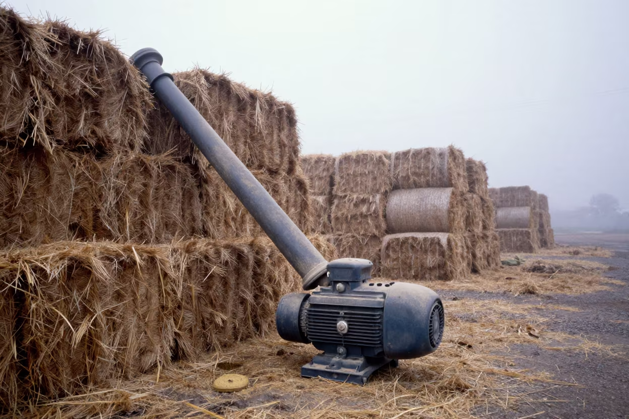 Dusty Grain Auger Motor Beside Hay Bales in beside stacked hay bales in San Francisco de Macorís
