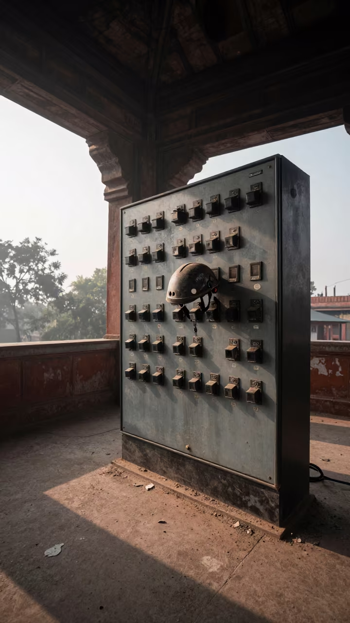 Dusty Helmet on Switchboard in Delhi Ruin in inside a roofless nave near Chandni Chowk, Delhi