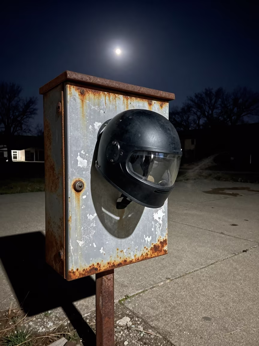 Dusty Helmet on Switchboard in Hyde Park Ruin in through an abandoned ceremonial court near Hyde Park, Chicago