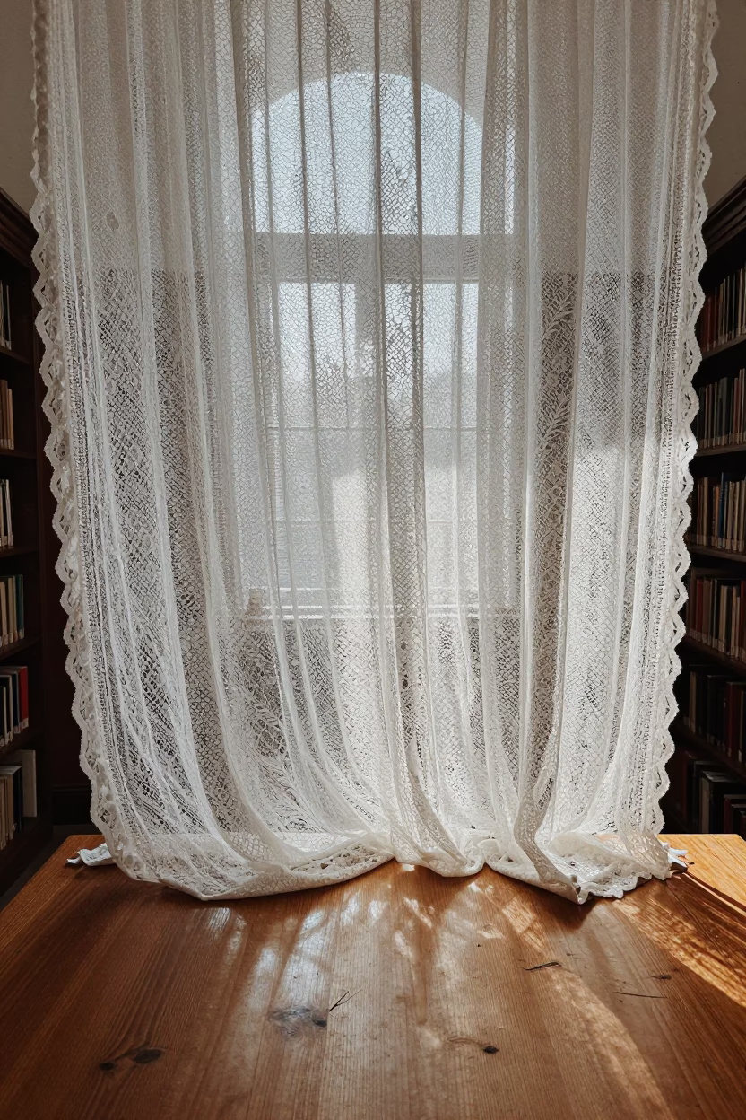 Dusty Lace Curtain on Library Table at Dawn in on a dusty library table near Osmaniye