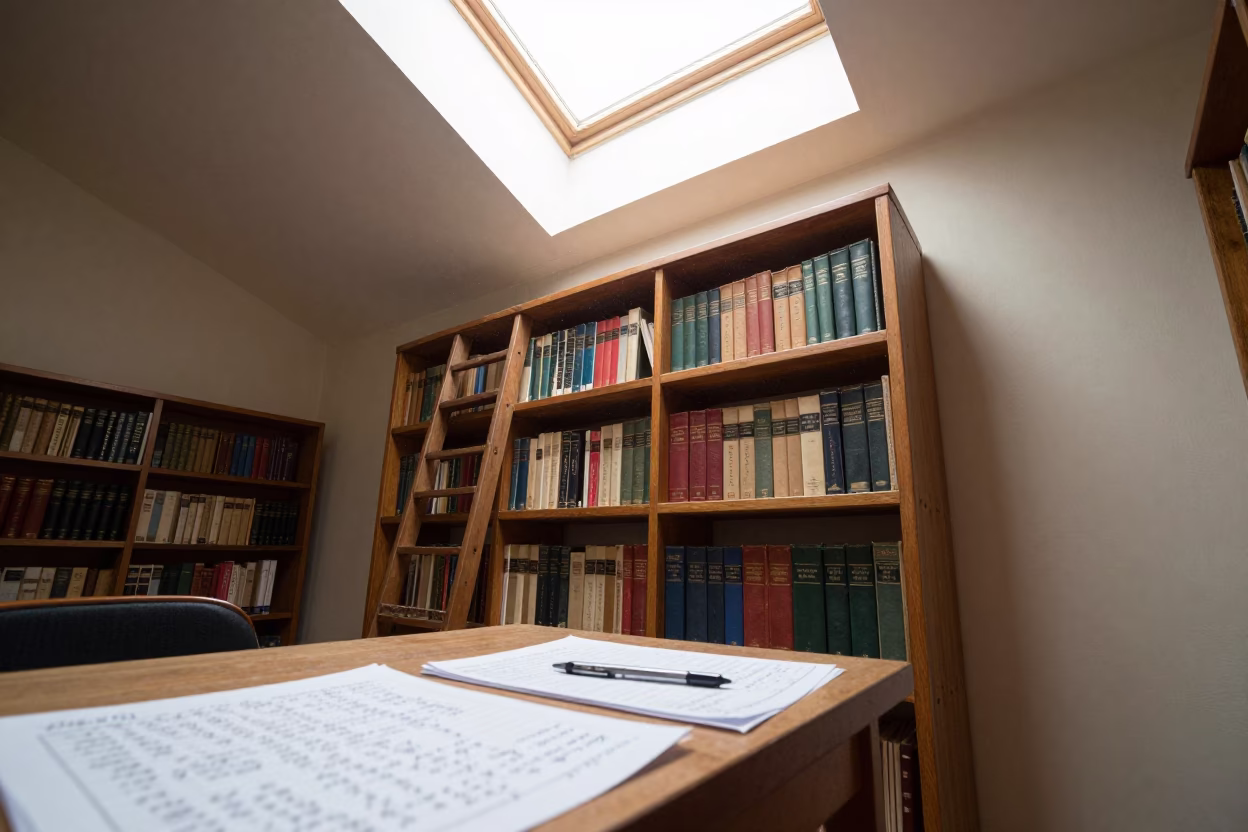 Dusty Ladder Beside Encyclopedias in Tepic in at a seminar table covered in notes in Tepic