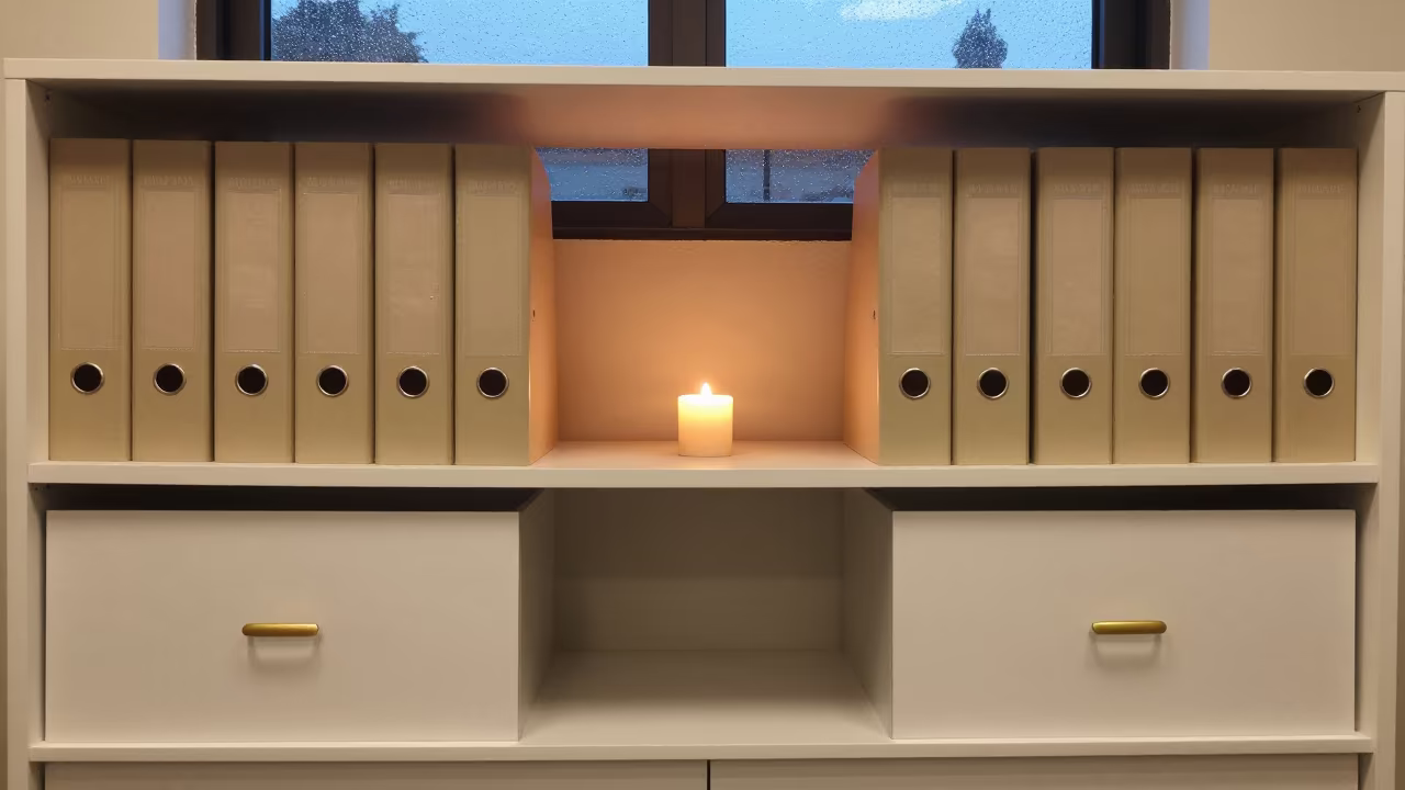 Dusty Lease Binder Shelf in Douala Office Bay in inside an open-plan office bay in Douala