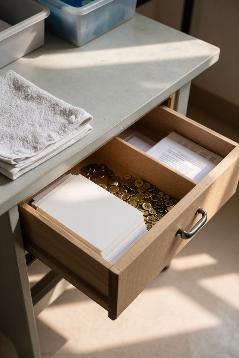 Dusty Library Drawer Sewing Kit in Dawn Light in on a dusty library table near Jaranwala