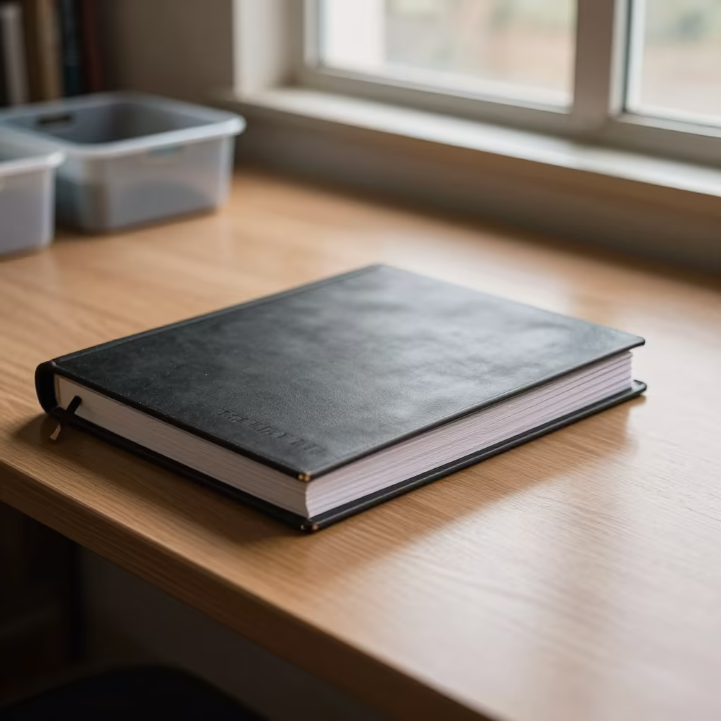 Dusty Library Table Address Correction Binder in on a dusty library table near Surat