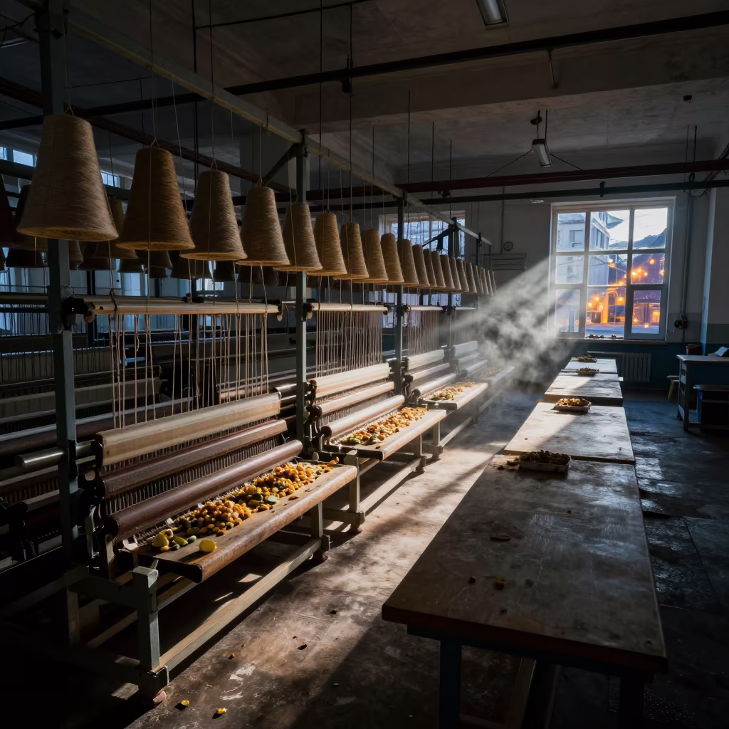 Dusty Looms in Caucasus Mill at Dusk in along a food-processing floor with sorting tables in the Caucasus