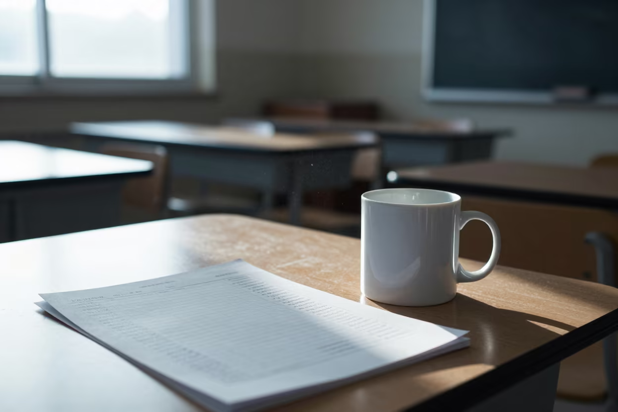Dusty Morning Light on Teacher's Mug in inside a quiet classroom in Bellavista, Santiago
