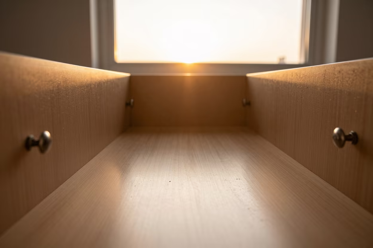 Dusty Office Drawer Tray in Amber Evening Light in inside a coworking floor in Dodoma