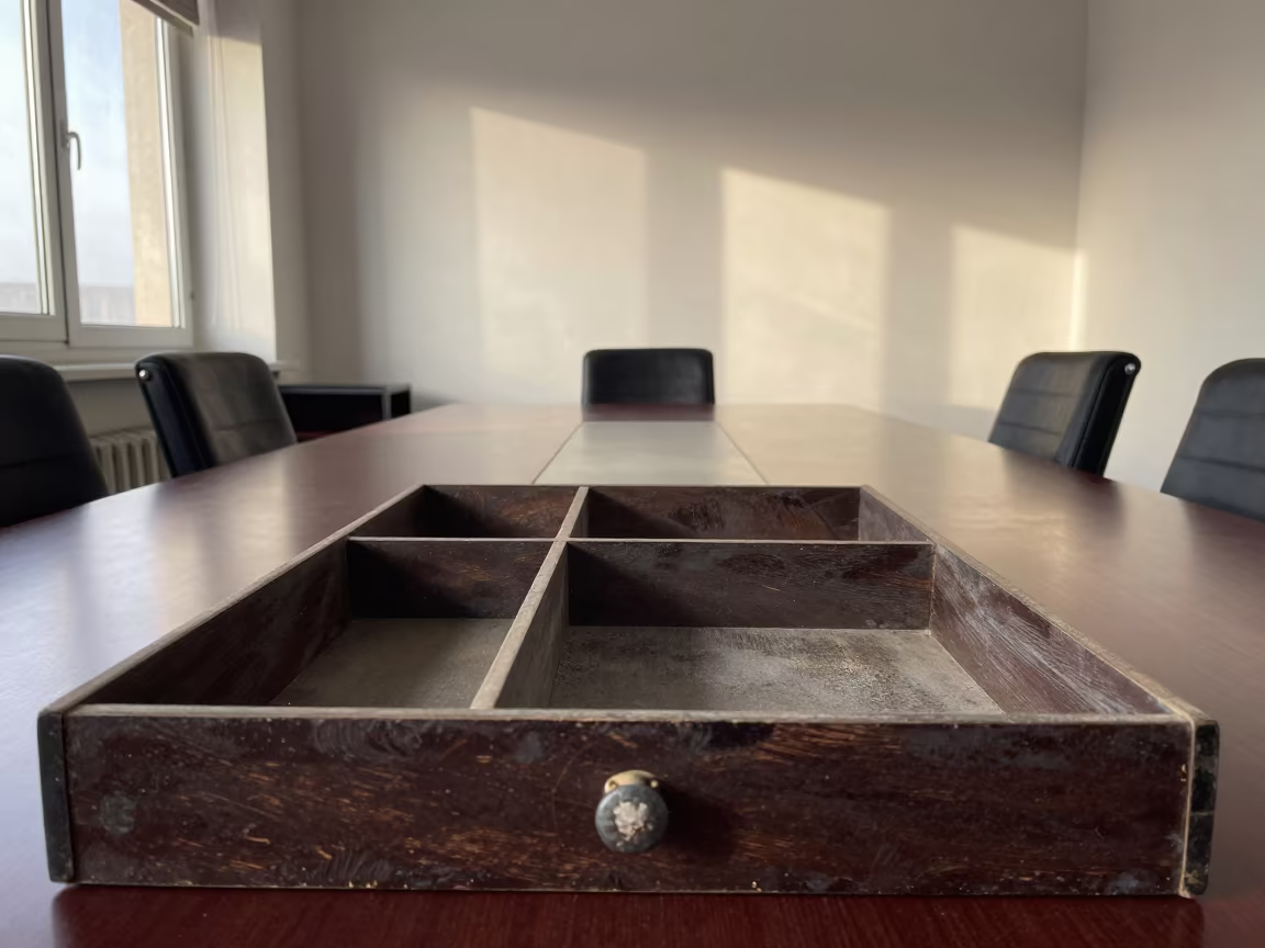 Dusty Office Tray with Laminate Glare in Najaf in inside a conference room near Najaf