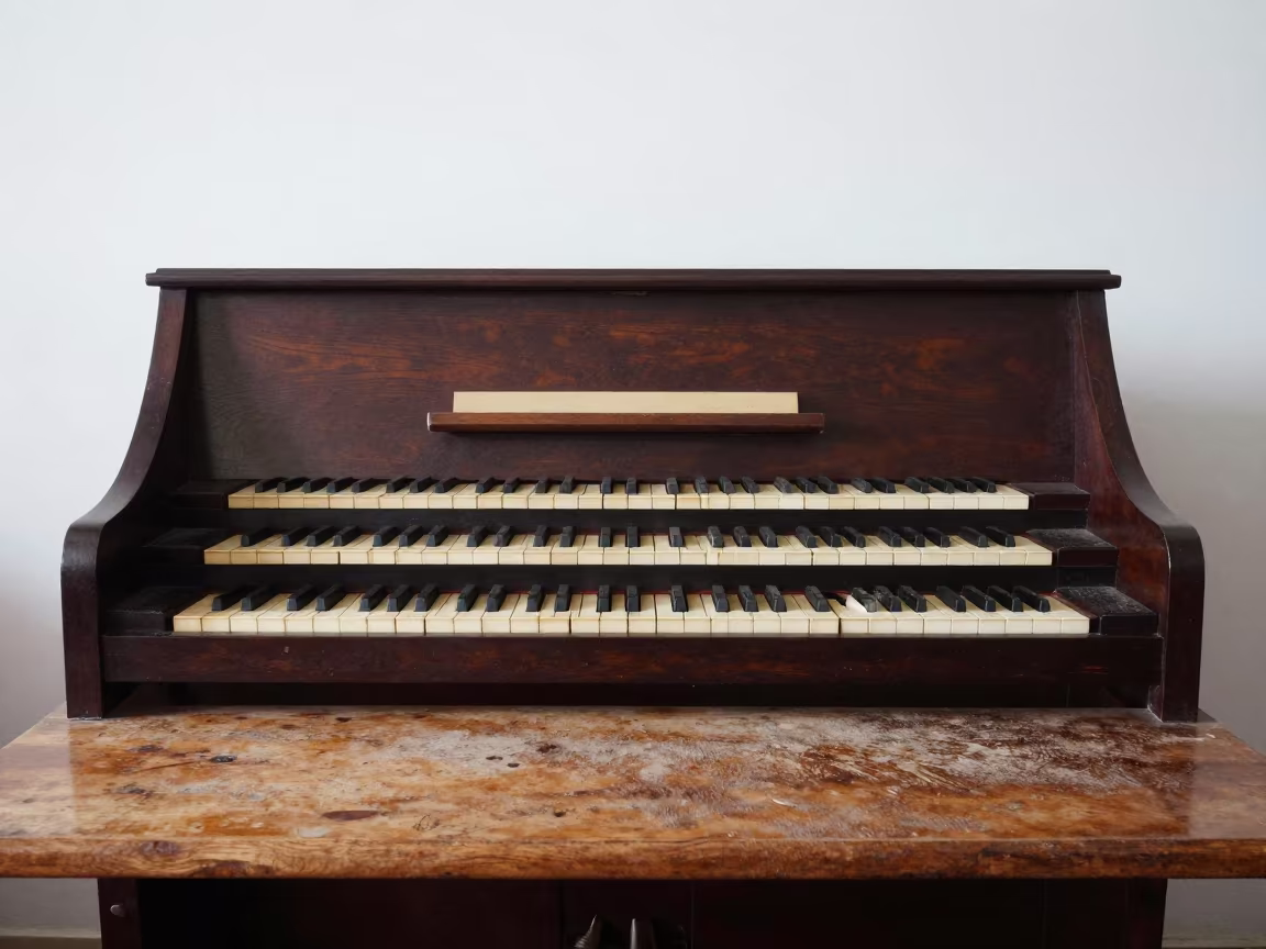 Dusty Organ Console on Library Table in Jinja in on a dusty library table in Jinja