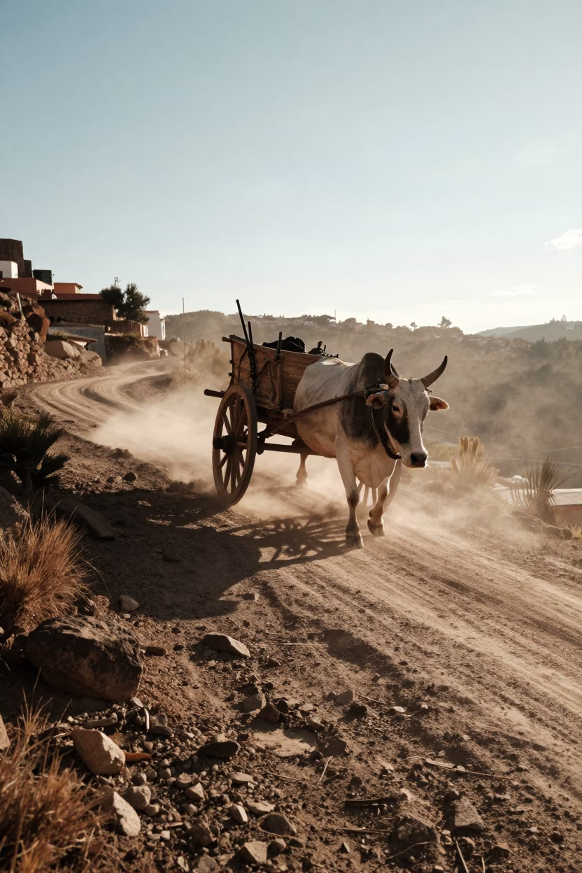 Dusty Ox Cart on Steep La Paz Road Late Afternoon Light in in La Paz, Bolivia
