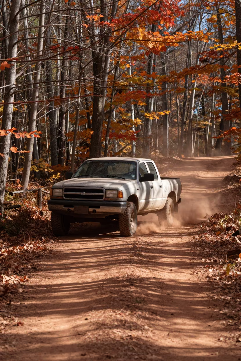 Dusty Pickup on Rhode Island Switchback in along a switchback approach in Rhode Island