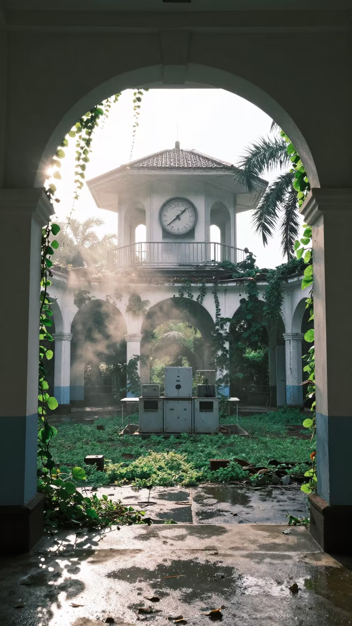 Dusty Radio Console in Shenzhen Cloister Ruins in among collapsed cloisters near Shenzhen