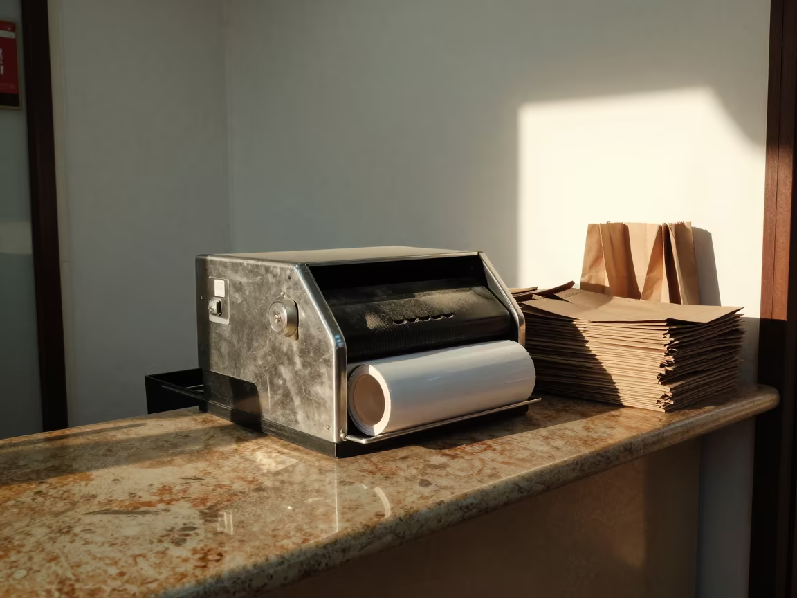 Dusty Receipt Drawer Tangier Cash Wrap Counter in at a cash wrap counter with bags stacked nearby in Tangier