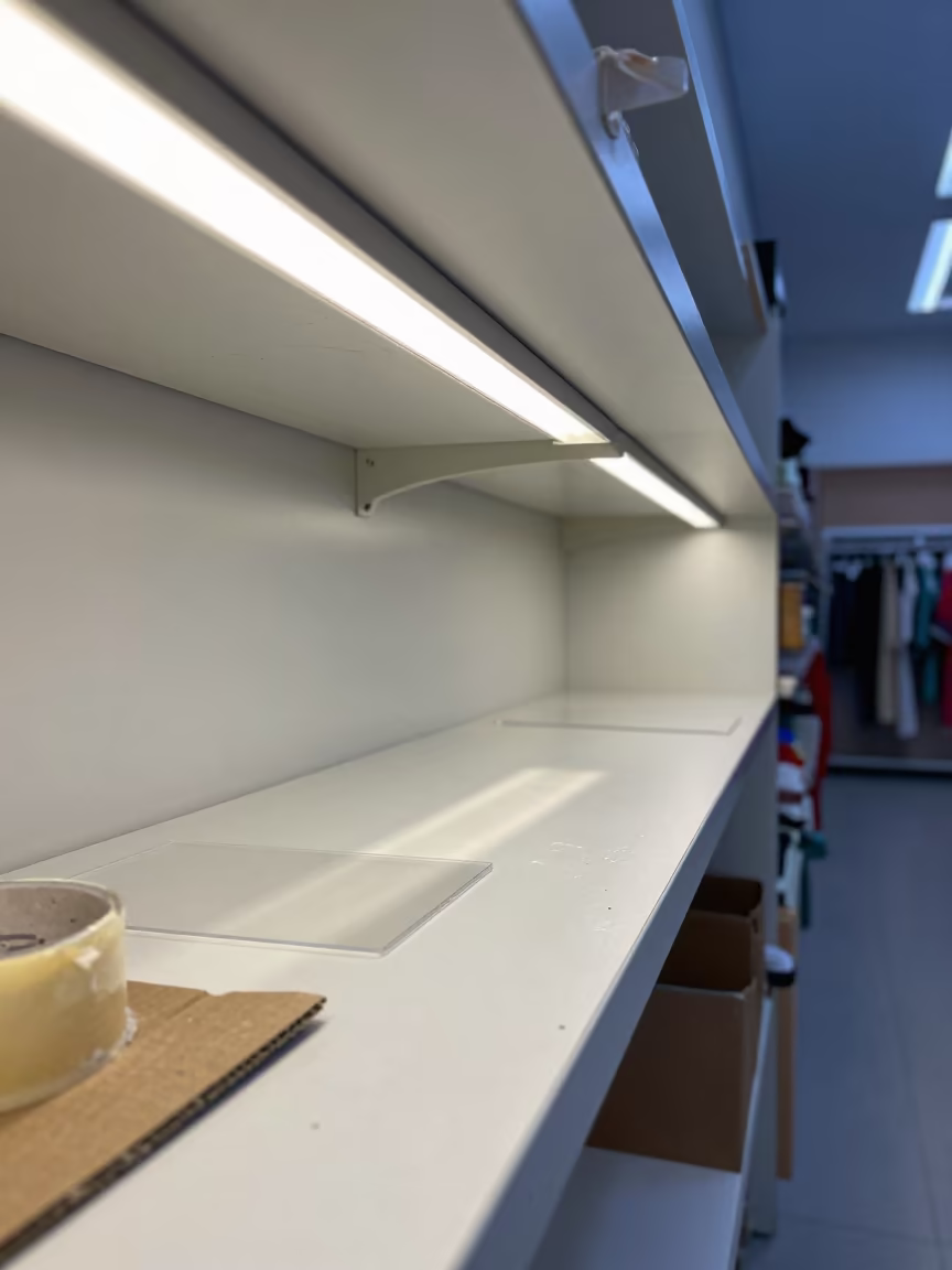 Dusty Retail Shelf in Oudtshoorn Twilight in inside a fitting room corridor in Oudtshoorn