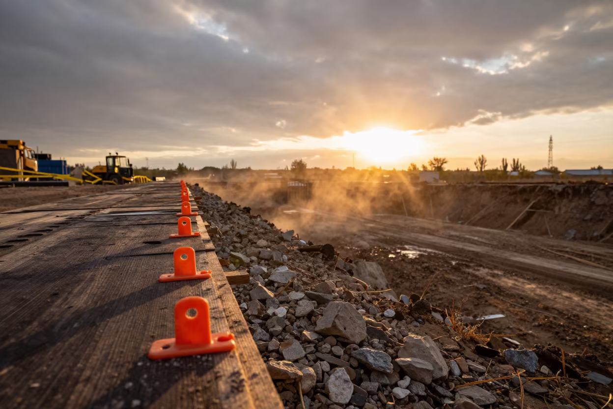 Dusty Rigging Tag on Excavation Edge at Sunset in inside a taped-off excavation edge in Aktau