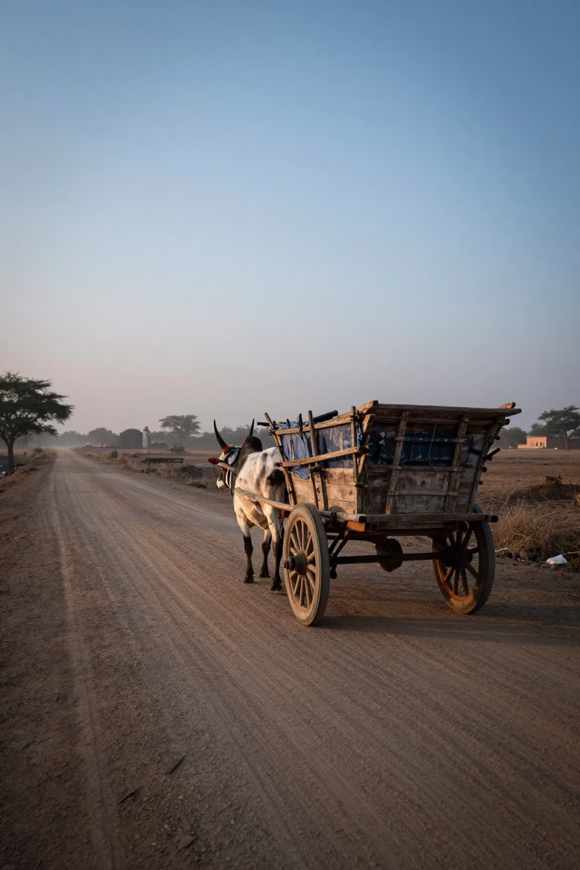 Dusty Road and Ox Cart in Jaipur Before Sunrise in in Jaipur, India