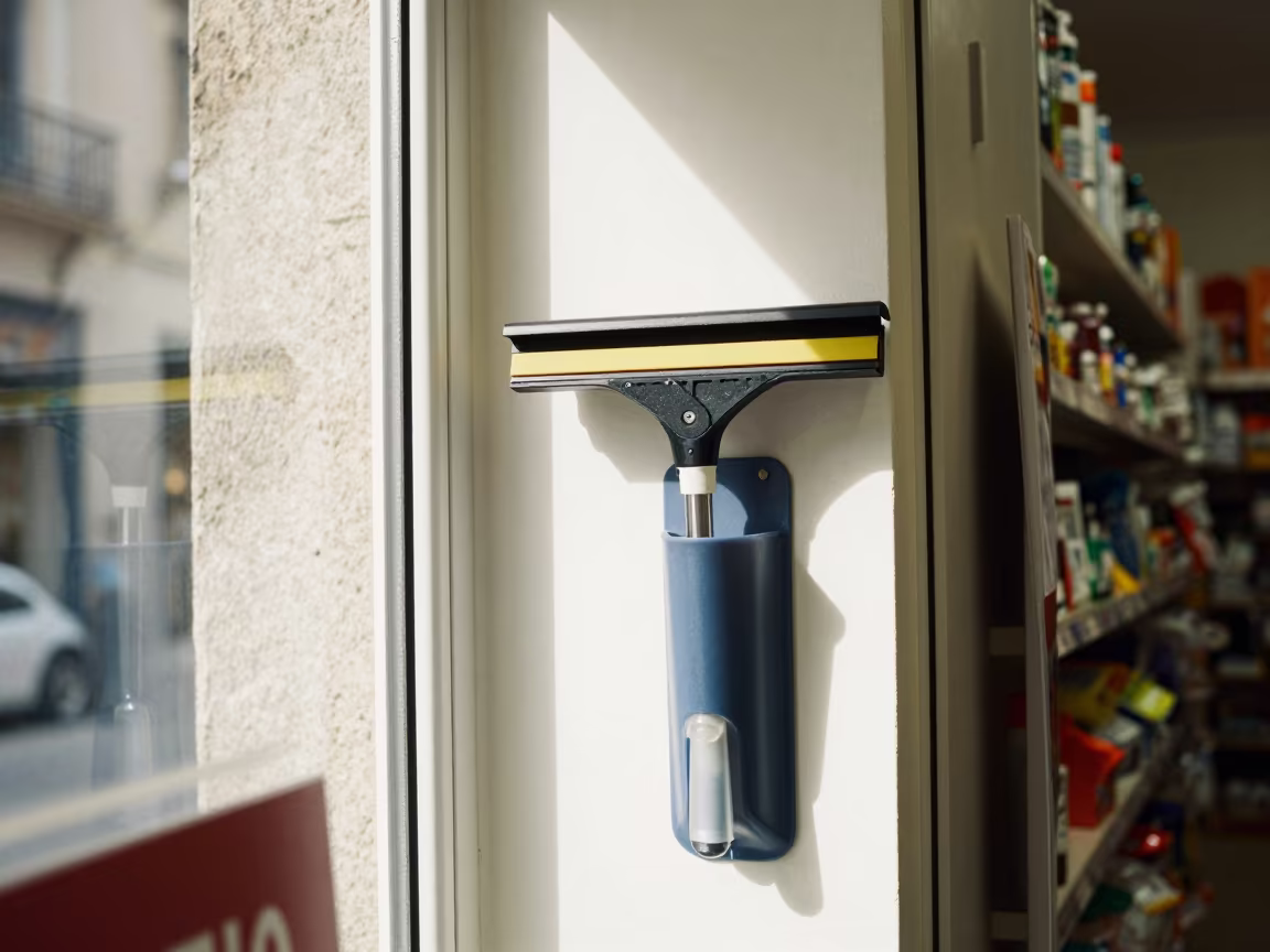 Dusty Squeegee Holster in Barcelona Retail Aisle in inside a bright retail aisle in Raval, Barcelona