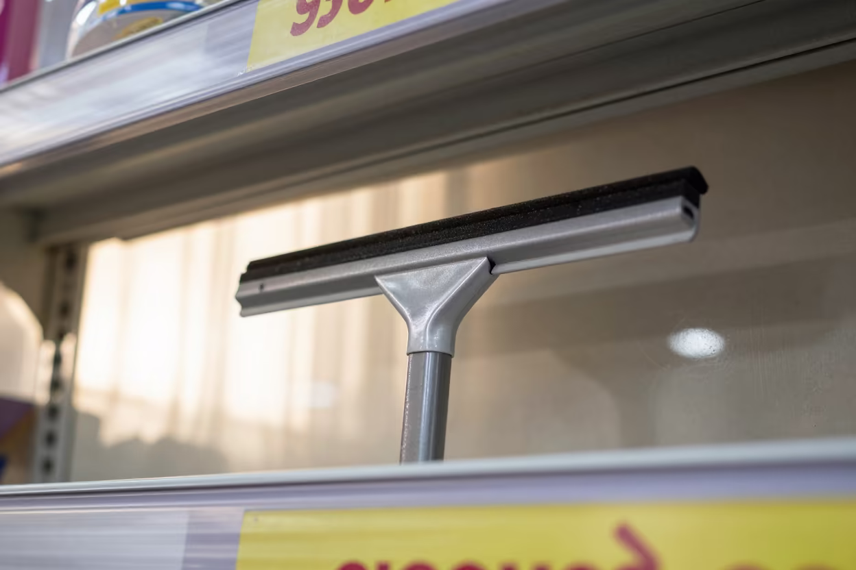 Dusty Squeegee Holster in Delhi Retail Aisle in inside a bright retail aisle in Lajpat Nagar, Delhi