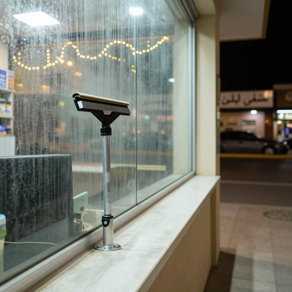 Dusty Squeegee Holster at Muscat Checkout in at a checkout lane under flat store light in Muscat