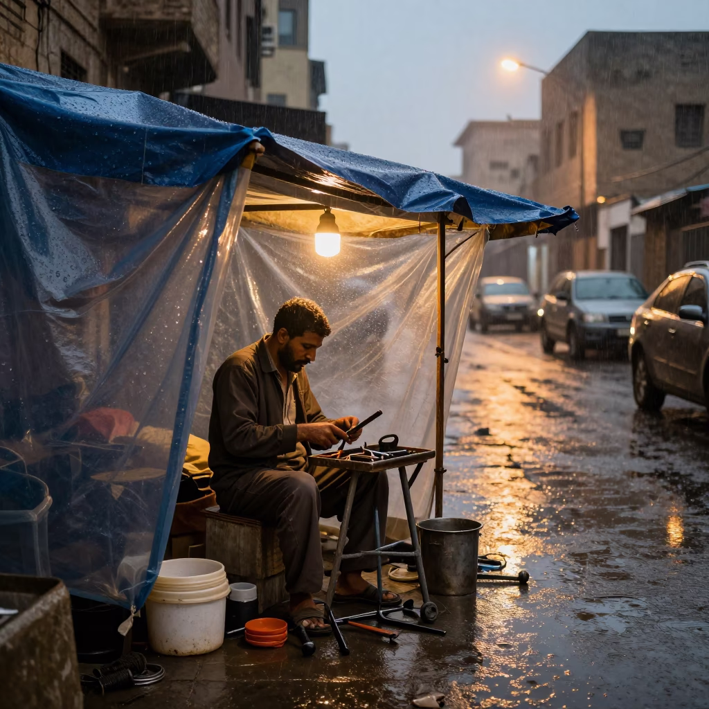 Dusty Street Vendor Repairing Tools Under Damp Dusk Light in Cairo in in Cairo, Egypt