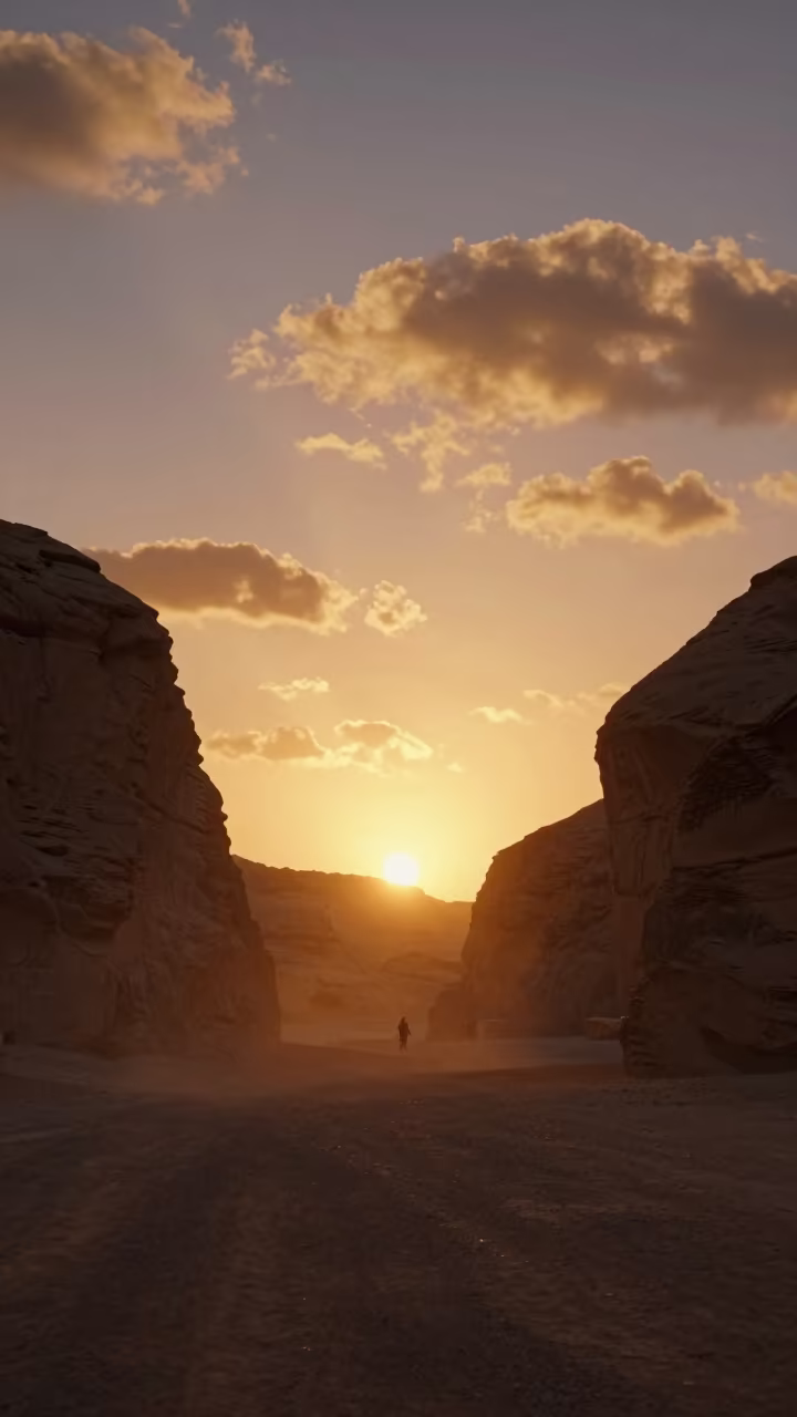 Dusty Sunset Silhouette Over Riyadh Canyon in through low marine fog near Riyadh