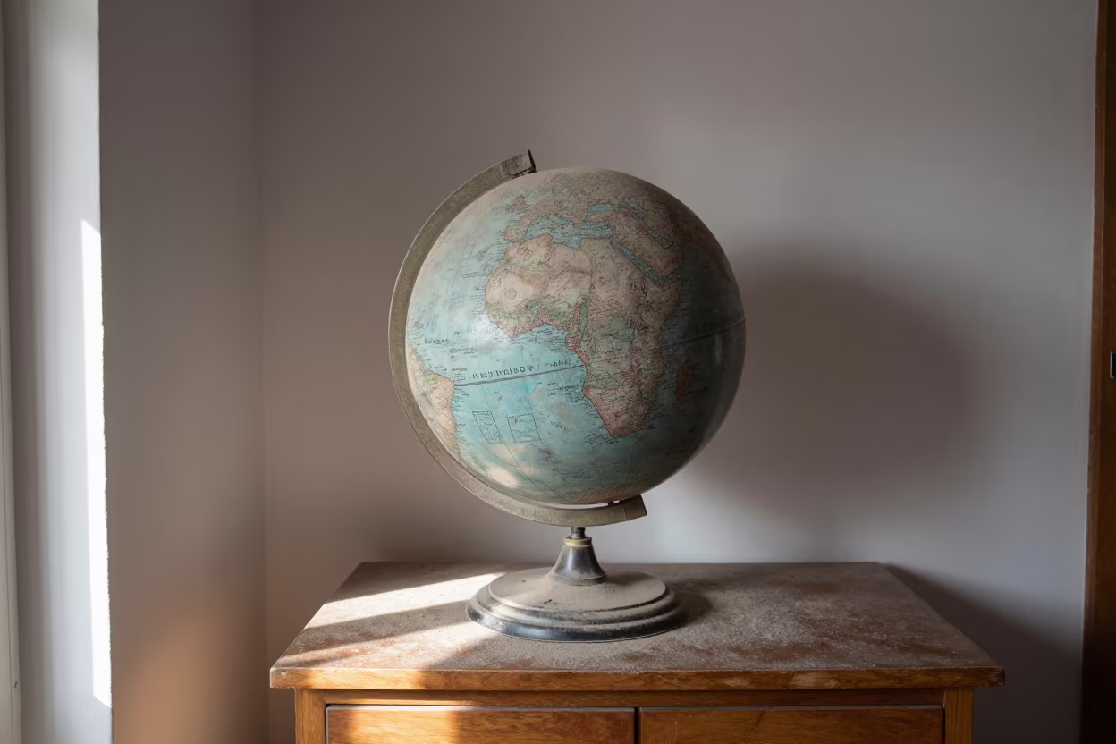 Dusty Taxidermy Globe on Skardu Desk in on a writing desk in Skardu