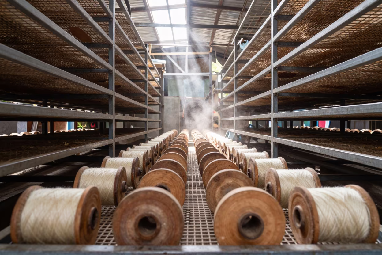 Dusty Textile Mill with Yarn on Broken Bobbins in inside a leaf-drying room lined with mesh trays in Bali