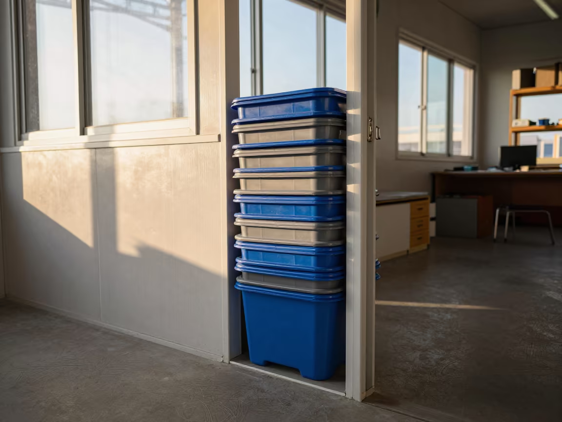 Dusty Tote Nesting Stack in Dispatch Office in inside a dispatch office above the dock near Pisco