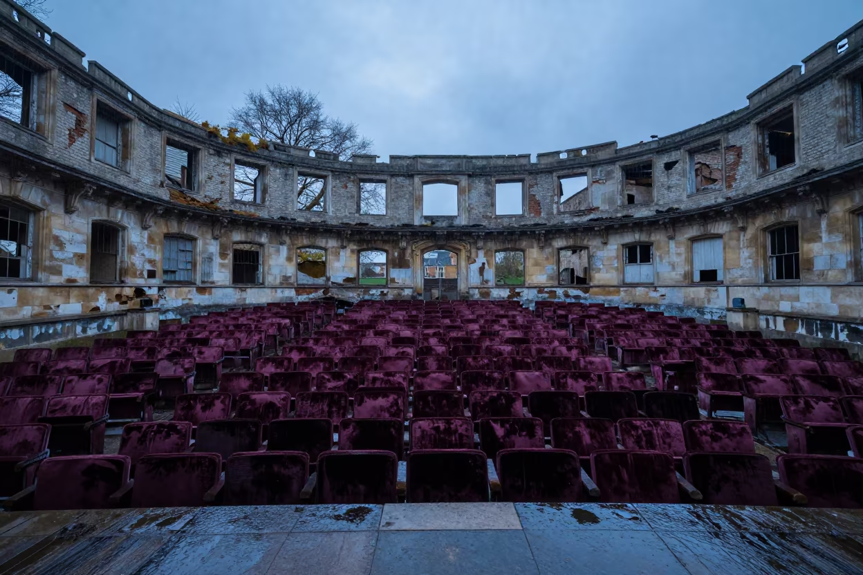 Dusty Velvet Seats in Roofless Cambridge Theater Ruin in among roofless stone chambers near Cambridge
