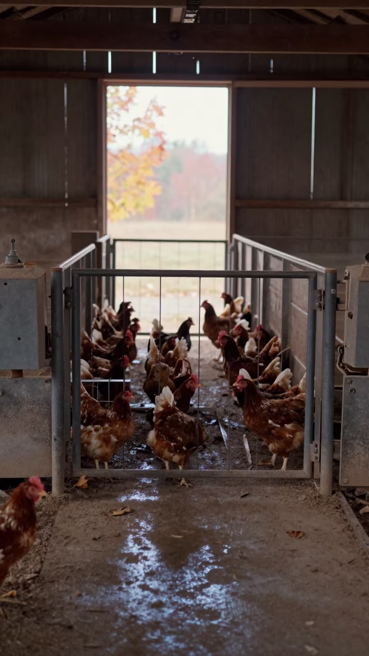 Dusty Veterinary Crush Gate in Delaware Poultry House in in a poultry house aisle in Delaware