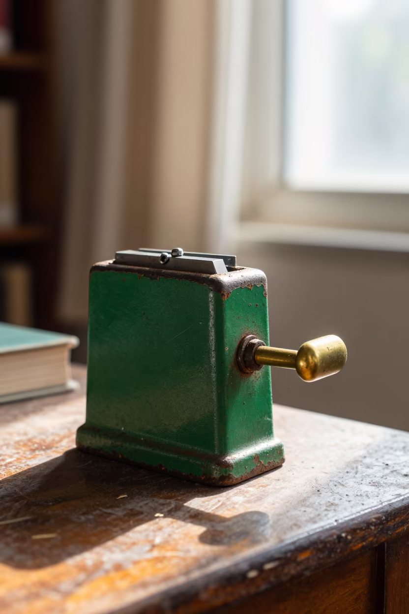 Dusty Vintage Pencil Sharpener in Noida Library in on a dusty library table near Noida