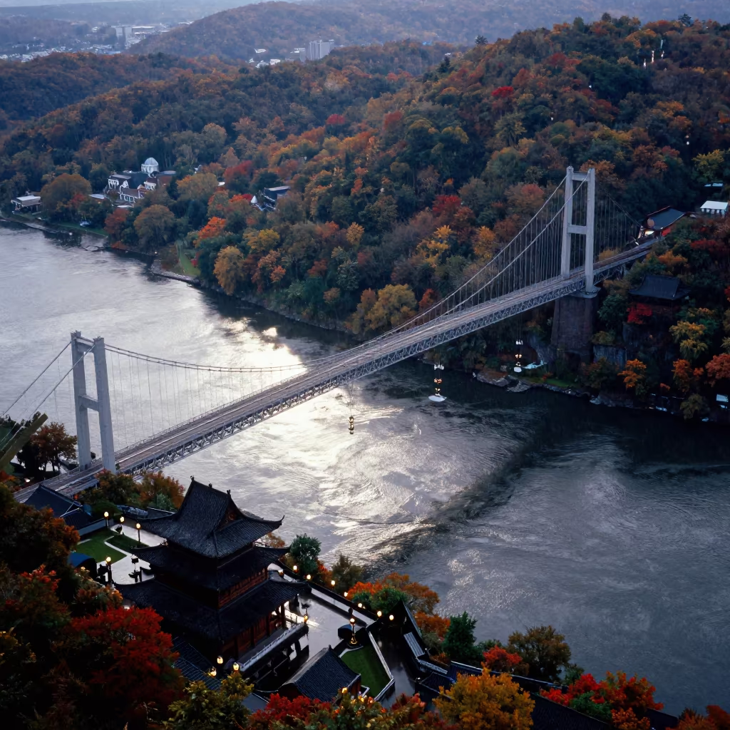 Dutch Angle Bridge Over Fjord in New Jersey in in a lantern-lined temple precinct in New Jersey
