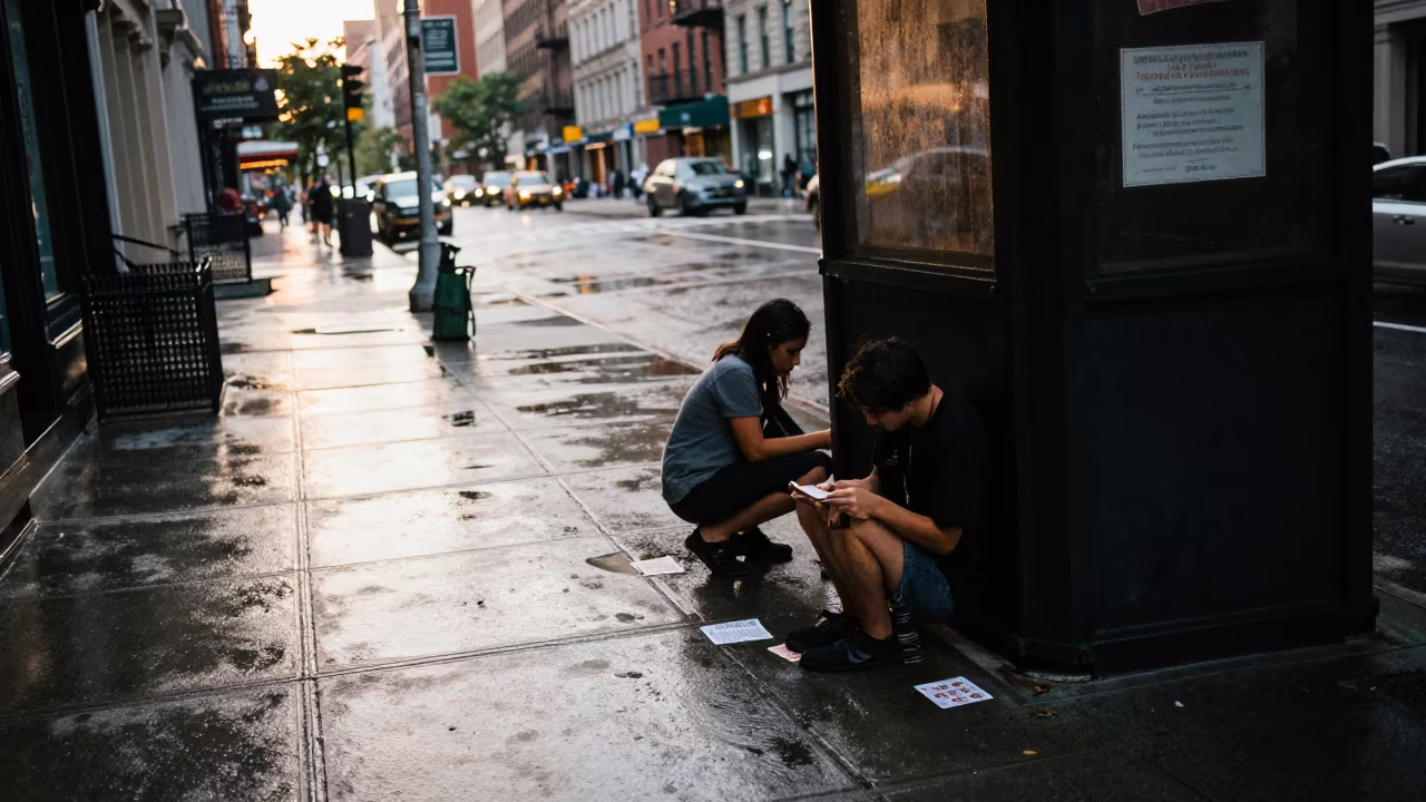 Dutch Angle Card Game Dawn Rain SoHo in by a rain-darkened kiosk in SoHo, New York