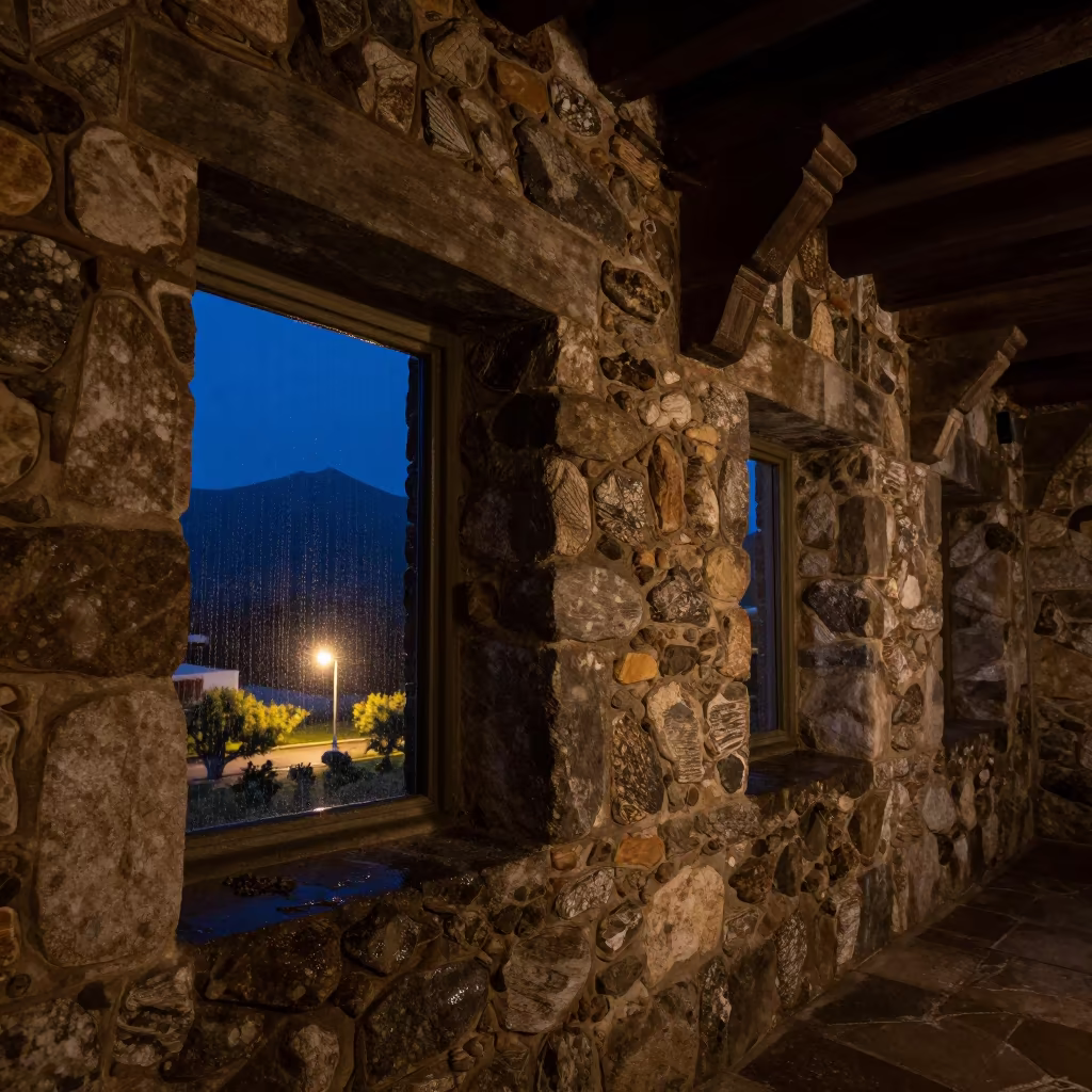 Dutch Angle Castle Keep Window Night Rain in inside a skylit passageway in Puerto Madryn