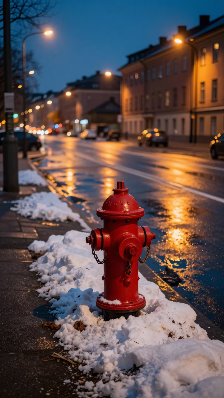 Dutch Angle Fire Hydrant in Stockholm Summer Midnight in outside a metro entrance in Djurgarden, Stockholm