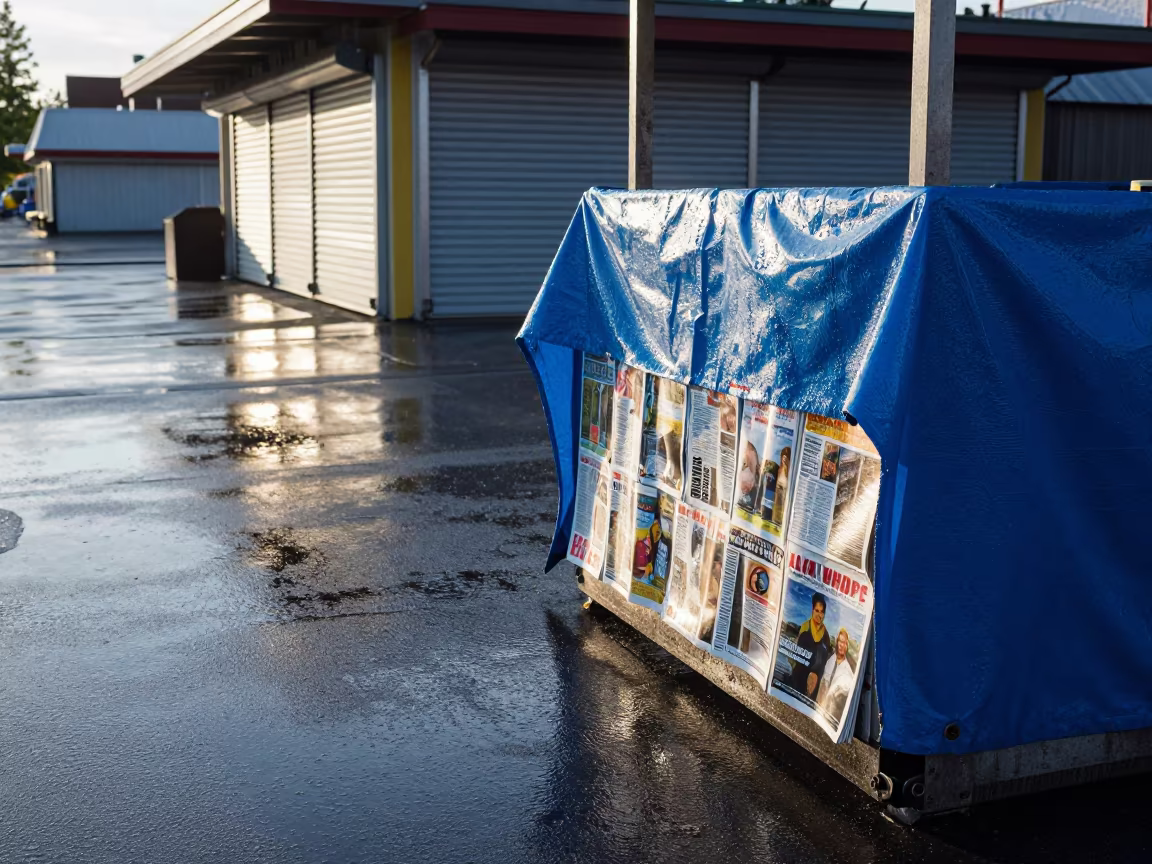 Dutch Angle Newsstand Wet Magazines Dawn in along a shuttered arcade in Anchorage