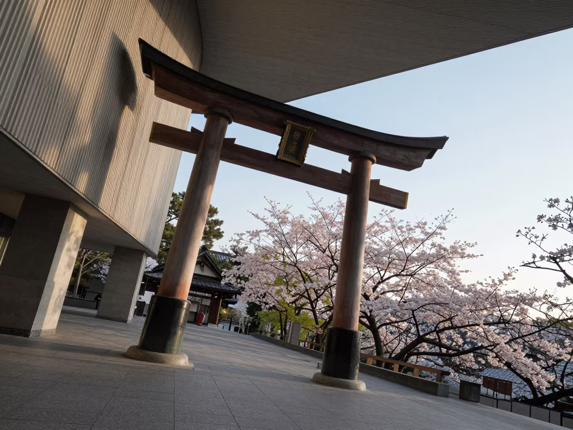 Dutch Angle Torii Gate Dawn Light in inside a ribbed concrete lobby near Kanazawa