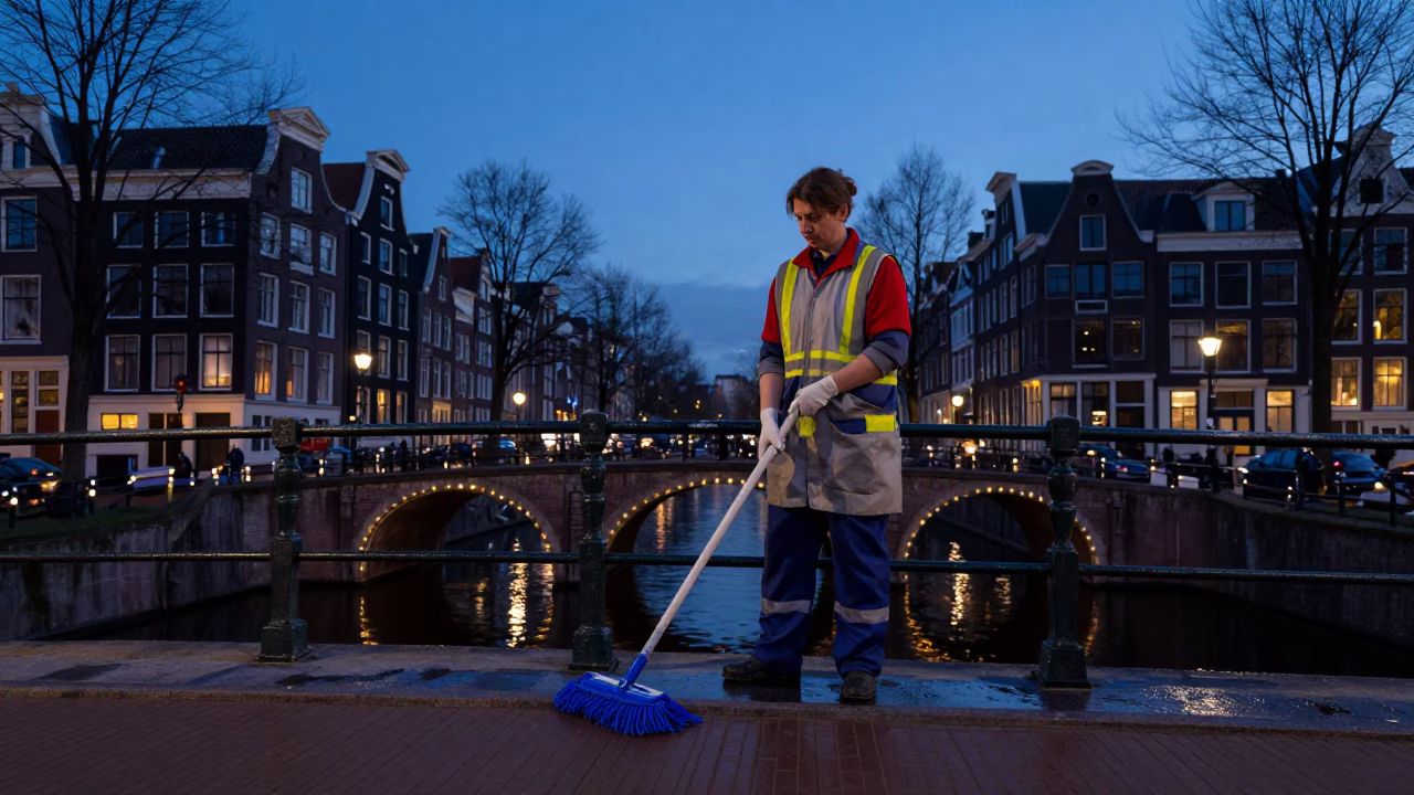 Dutch Cleaner in Amsterdam at Sunrise Light in in Amsterdam, Netherlands