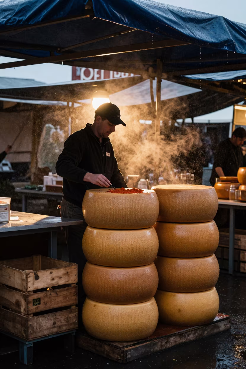 Dutch Gouda Vendor Stacking Cheese at Evening Market in in a flea market lane in Bor