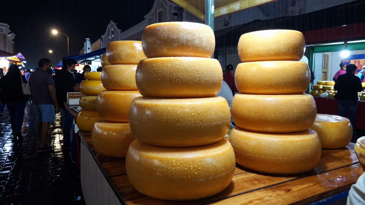 Dutch Gouda Vendor Stacking Cheese at Night in at a textile trader's stall in Arequipa