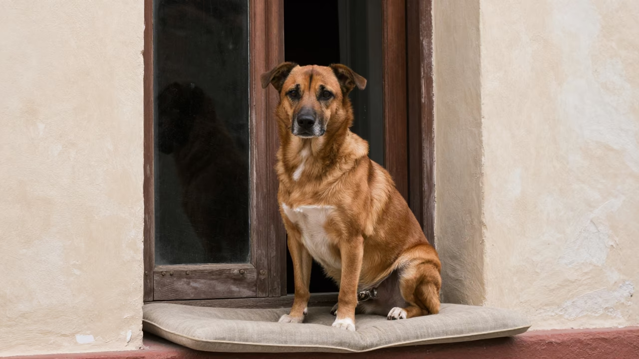 Dutch Kooikerhondje on Window Seat in Miramar Havana in on a cushioned window seat with soft side light and an uncluttered background in Miramar, Havana