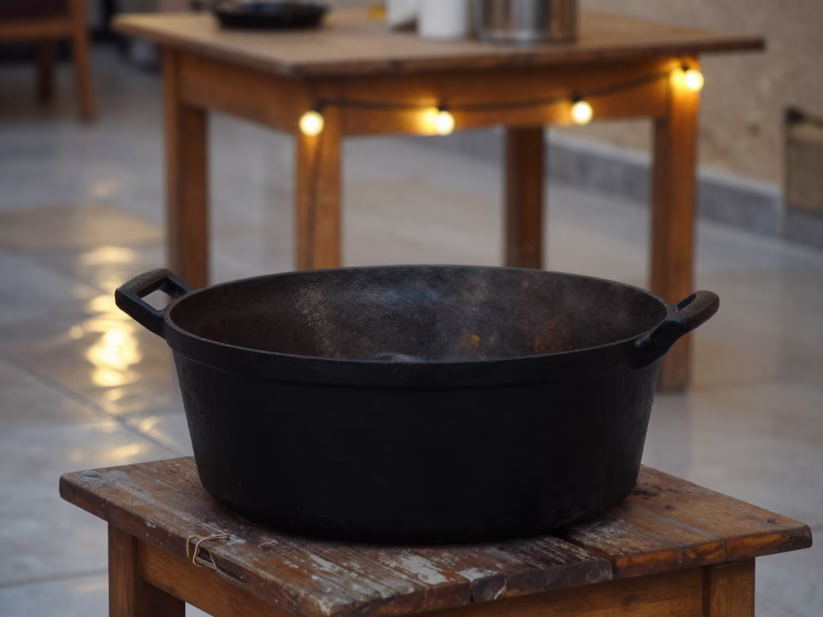 Dutch Oven Simmering on Cafe Table in Minya in on a cafe table by a window in Minya