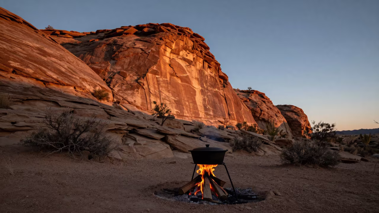 Dutch Oven on Tripod Under Desert Escarpment in beneath a wind-cut desert escarpment in Alabama