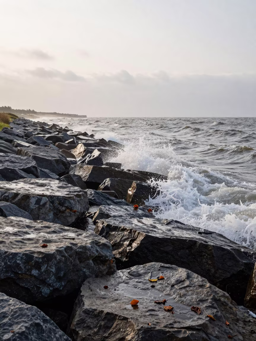 Dutch Rocky Shoreline Waves Early Morning in in Netherlands