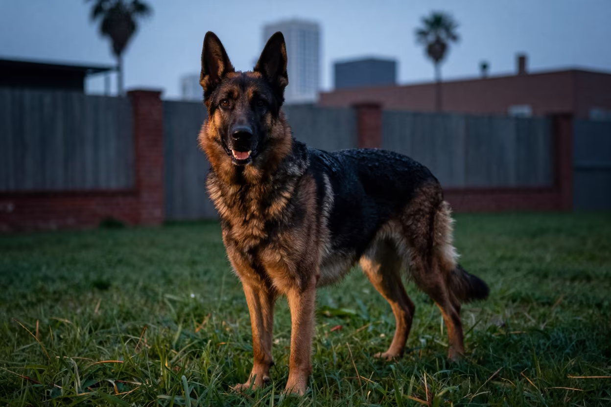Dutch Shepherd in Arts District Yard at Twilight in in a small yard with clipped grass, calm light, and the animal centered in frame in Arts District, Los Angeles